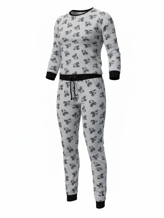 Light blue/Gray Mickey Mouse Print Women's Pajama Set - Long Sleeve Top & Jogger - Picture 2 of 5